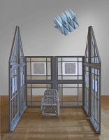Kindheitshaus, Fensterflügel, Bambus, Federn und Papier, 2011  H 225 cm